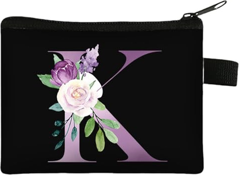 FAVORTALK Coin Pouch Small Coin Purse with Zip Mini Soft Floral Purses with Initial Black Coin Pouch Bag with Zipper Cute Change Pouch Mini Purse Change Holder for Coins Cards Earphones Keys - 43413