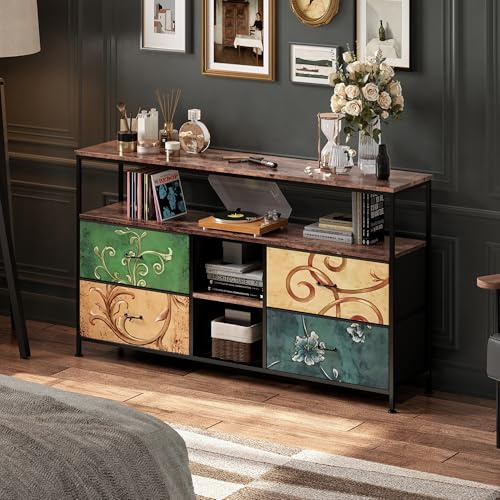 RTYUSWL Comò con cassetti per camera da letto, cassetti con motivo floreale retrò, piano in legno, cassettiera, cassettiera in tessuto per armadio, cassettiera in tessuto per soggiorno (4 cassetti 108