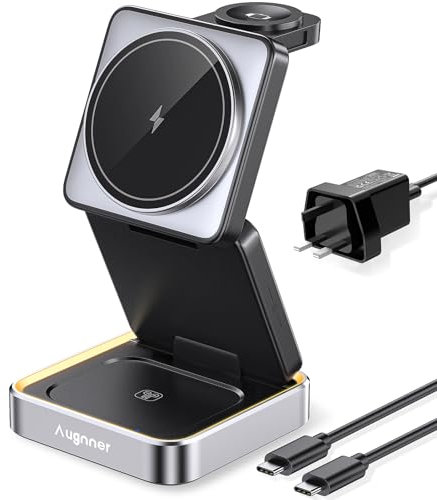 Station de Charge, Pliable Chargeur à Induction 3 en 1, Chargeur sans Fil Compatible avec Magsafe et veilleuse pour iPhone 16/15/14/13/12 Série, AirPods 2/3/Pro,Apple Watch