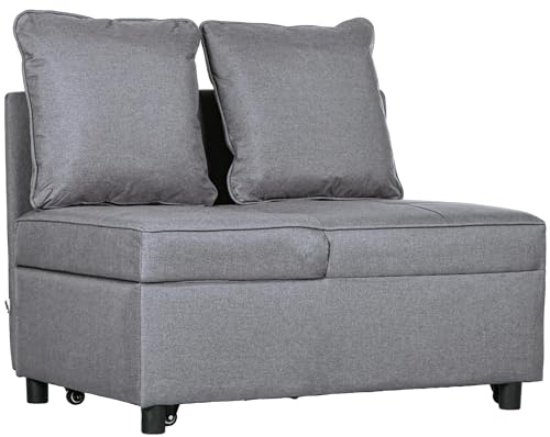 HOMCOM 3 in 1 Poltrona Letto Imbottita con Schienale Reclinabile in 5 Posizioni e Cuscini, Divano Letto Una Piazza e Mezza in Tessuto Effetto Lino e Legno per Soggiorno, 98x71x67 cm, Grigio Scuro