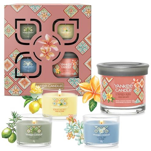 Coffret cadeau de bougies parfumées Yankee Candle | Petite bougie en pot Signature et mini-bougies votives en verre | Collection Hello Italy | Cadeaux parfaits pour femmes | 4 unités