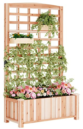 SDHYL - Kit aiuola rialzata in legno con traliccio – 2 in 1 in legno con fori di scarico per piante rampicanti, aiuola rialzata per verdure, erbe e rose, 90 x 40 x 151 cm