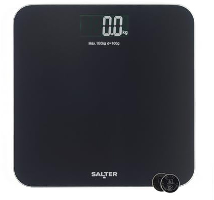 Salter Digital Bathroom Scale – Electronic Digital Bodyweight Scale, 180kg/28st 3lb, LCD Easy To Read Display, Step On Instant Readings, Includes Batteries, Textured Brushed Glass Platform, Black