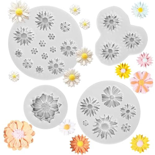 Moule en Silicone Marjoramy 4 Pièces Daisy, Silicone de Qualité Supérieure, Moule à Gâteau, Fondant, Chocolat, Dessert, Décoration de Pâtisserie, Gris Clair
