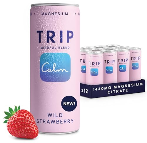 TRIP Wild Strawberry Sparkling Drink with 120MG calming Magnesium + Lion’s Mane + Chamomile + Lemon Balm. Low Calorie, No Added Sugar and Vegan (Pack of 12 x 250ml)