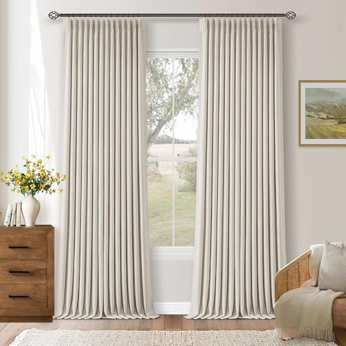 105 Inch Blackout Linen Curtains Pinch Pleat for Bedroom Living Room Darkening Neutral Pleated 100% Black Out Thermal Insulated Window Drapes Double Layer Soundproof Curtains 2 Panels Ivory Natural