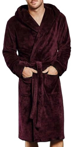 ZDSUHYIW - Felpa in flanella e pile per uomo, accappatoio con cappuccio, accappatoio soffice allungato, abbigliamento da casa e da notte, accappatoio da uomo, abito da casa per uomo, Colore: rosso, M
