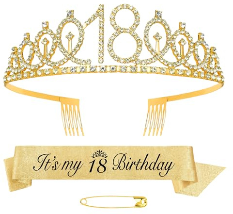 EXIN DEHCEN Set Diadème et Écharpe Anniversaire 18 Ans, Couronne et Écharpe D'anniversaire pour Femmes, Decoration Anniversaire 18 Ans Fille, It's my 18th Birthday, pour Feste, Balli (Oro)