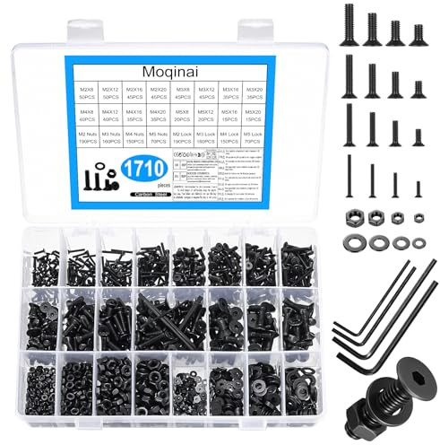 1710 PCS M2 M3 M4 M5 Screw Set, Black Countersunk Socket Head Screws and Nuts Kit, Carbon Steel Machine Screws Assortment with Hex Nuts and Washers, Metric Flat Head Screws for DIY, Furniture