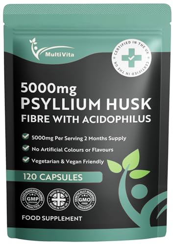 Psyllium Husk Capsules 5000mg with 500 Million CFU Lactobacillus Acidophilus | 120 Vegan Capsules | Natural Soluble Fibre from Plantago Ovata Seeds | Food Supplement | Made in UK
