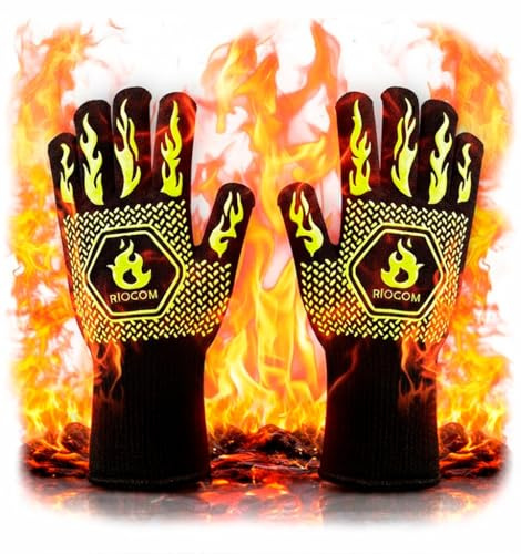 RIOGOM® Guantes Barbacoa y Cocina Leña 800 °C Resistentes al Calor Altas Temperaturas | Guantes Horno Profesional e Ignífugos Chimenea | Tallas L y XL | BBQ Accessories Antideslizantes (L/XL)