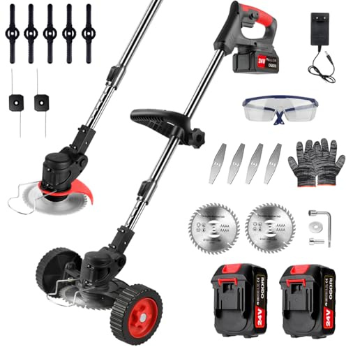 Desbrozadora a Bateria,OGORI Cortacésped a batería con 2 baterías de 2000 mAh, 21V Desbrozadora Electrica con 4 Tipos de Cuchillas y un Mango telescópico Ajustable para Cortar el césped del jardín