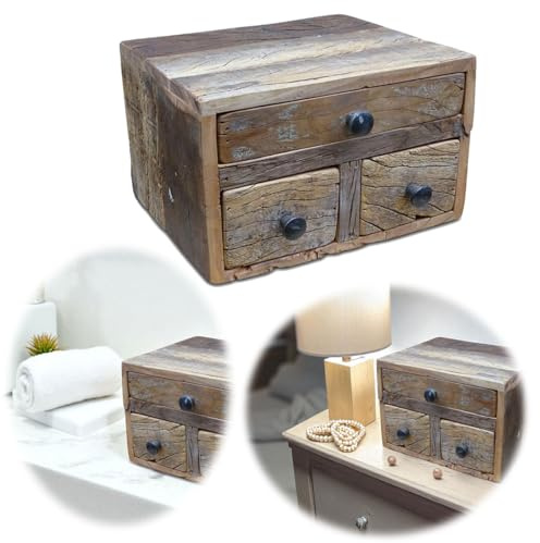 LS-LebenStil Vintage Aufbwahrungsbox Unika - Fundholz Recycelt - Factory Braun - 30x24x19cm - 3 Schubladen - Mini Kommode - Ablagefläche Ordnungsbox Organizer Holzbox Schubladenregal Schubladenbox