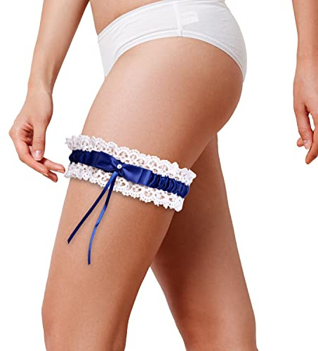 CHEERYMAGIC Wedding Garters for Bride, Lace Bridal Garter Set, Women's Garter Belt Wedding Bridal Garter Prom Garter Bridal Accessories Lingerie Leg Garter Belts (dark blue) A3XNWD