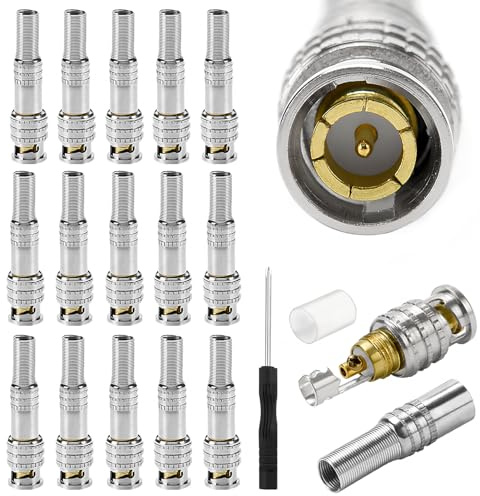 KUOQIY 15 Pezzi Connettori Coassiali BNC Maschio, RG59 RG6 Terminali Coassiali a Vite in Ottone Q9 a Cavo Coassiale RG59, Senza Saldatura BNC Maschio Connettore per Telecamera CCTV, con Cacciavite