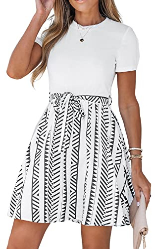 CUPSHE Mini vestido de playa de cachemira floral para mujer, cuello redondo, manga corta, cinturón, línea A, rayas, mini vestidos de verano, Blanco, M