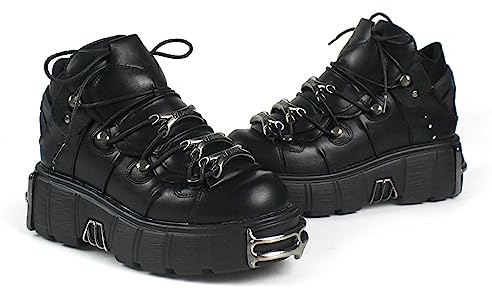 EXECAB Bottes à Talons Hauts pour Femmes, Chaussures en Cuir de Style Rock en métal Lourd, Bottes à Plateforme Gothique, Cheville à Lacets à Talons épais Punk,Noir,39