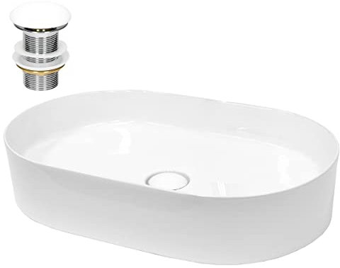 ECD Germany Waschbecken Waschtisch 605x380x125 mm Keramik Oval Weiß inkl. Ablaufgarnitur für Waschbecken ohne Überlauf Aufsatzbecken Aufsatzwaschbecken Aufsatzwaschtisch Waschschale Spülbecken Becken
