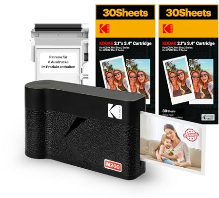 KODAK Mini 2 ERA 4PASS Mobiler Fotodrucker (5,3x8,6cm) Fotodrucker + 8 Blatt im Lieferumfang enthalten + 60-Blatt-Patrone, Schwarz