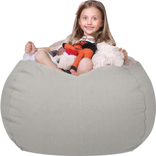 WEKAPO Stuffed Animal Storage Bean Bag Chair Cover for Kids | Stuffable Zipper Beanbag for Organizing Children Plush Toys Large Premium Cotton Canvas (Solid Grey, X-Large)