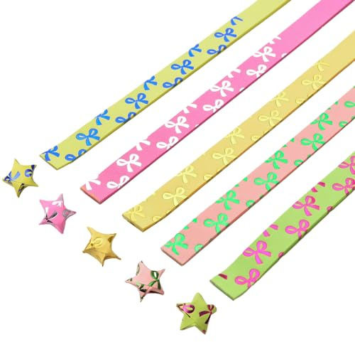 URROMA Star Paper Strips, 500pcs Gilded Fluorescence Origami Lucky Star Paper Strips Bow Pattern for Crafts Folding Paper Stars School Teaching DIY Arts Projects Crafting Supplies