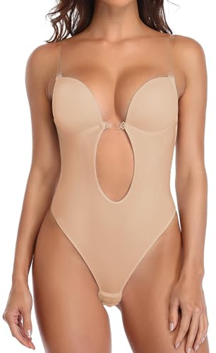 SHAPERIN Womens Backless Bodysuits Deep V Neck Shapewear Thong Bodysuit Push Up Bra Strapless Body Shaper Underwear for Party Wedding, Beige, M