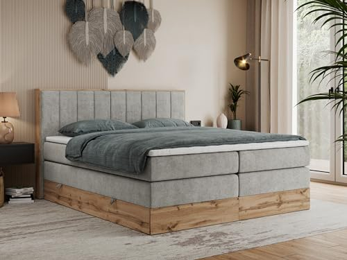 MKS MEBLE King Boxspringbett 180x200 Mit Bettkasten Eiche, Polsterbett Mit Matratze H4, Rahmen in Wotan Eiche und Kopfteil - Hellgrau Struktur - Bellissimo King