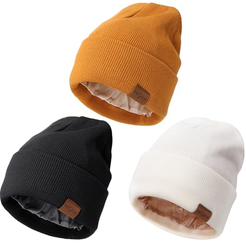 DRESHOW Bonnet d'hiver Doublé de Satin pour Femme Homme Doux et Chaud Bonnet Hiver avec Doublure Soyeuse Tricoté Chapeau avec Satin Doublé Beanie Unisexe