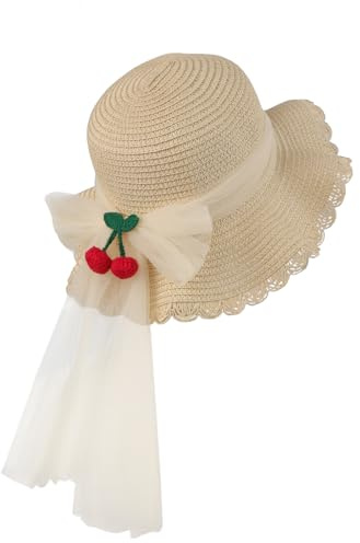 FakeFace Chapeau Paille pour Fille Chapeau de Soleil avec Décoration Cerise et Dentelle Noeud de Papillon Capeline en Paille pour Enfant 3-6 Ans pour Plage Voyage Randonée