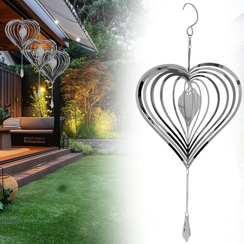 Stainless Steel Wind Spinner, 3D Heart Hanging Garden Ornament for Outdoor Decor, Metal Wind Chime to Scare & Deter Birds, Whirligig Wind Spinners, Reflective Yard Decoration for Porch Balcony Trees