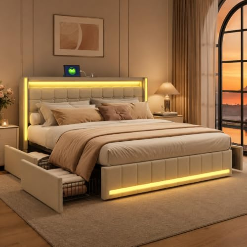 Cajón de Cama de160x200 con LED,Cama tapizada con 4 cajones,Cama Acolchada con Puertos de Carga USB y Puertos de Carga Tipo C,Cama Doble Acolchada para Cama de Matrimonio Cama Funcional(Beige+Lino A)