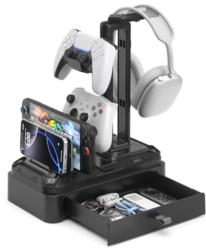 KDD Headphone Stand with Drawer - Rotatable Headset & Detachable Controller Holder for Desk - Multifunctional Organizer with Device Slot for Phones, Tablets - Universal for Gaming Accessories