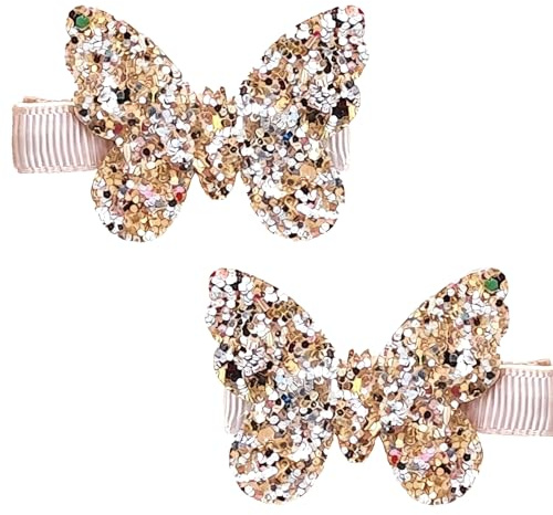 Cuixia 2Pcs Gold Hair Accessories with Butterfly Hair Clips, Sparkly Gold Bows and Bling Hairs Gems, Baby Hair Clips and Toddler Hairs Clip Set, Girls Bows and Girls Clip for Daily Wear