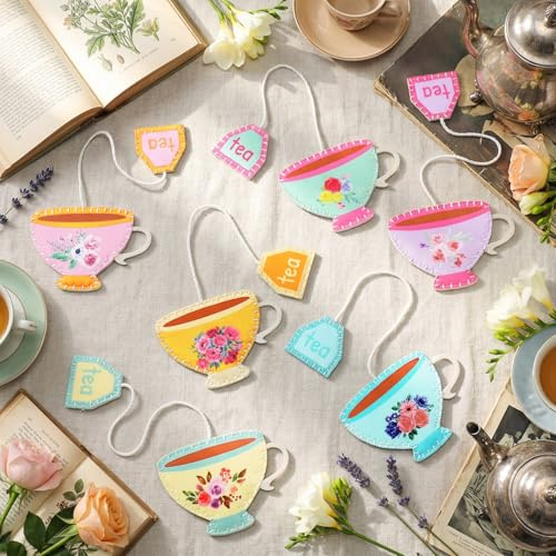 Resurhang 12 Pcs Tea Bag Bookmarks Tea Party Favors Cute Hand Embroidered Teapot Bookmarks Gift for Spring Holiday Teacher Women Book Reading Lovers Gift Book Marks (Retro)