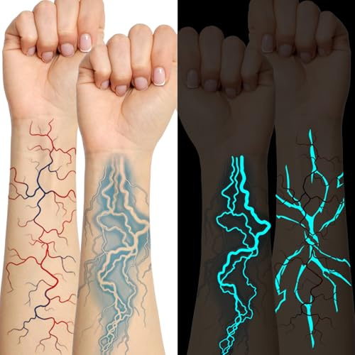 Qpout 12 blad lysande tillfälliga tatueringar i mörkret, stor storlek anime cosplay bluelight lightning mönster kroppskonst klistermärken för rave halloween dansfest tillbehör