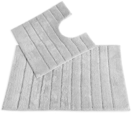Allure Ribbed Design 2 Piece Bath and Pedestal Toilet Mat Set, 100% Cotton (Dove Grey)