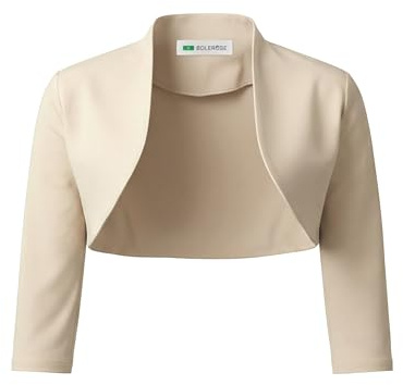 Bolerose Tailored 3/4 Sleeve Formal Bolero Shrug | Open Front, Stretch Fabric, Cropped Length, Structured Stand Collar, Sizes XS-5XL