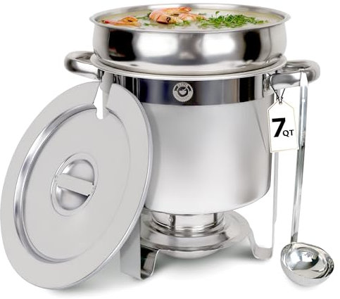 CHEFQ 7 QT Soup Chafer Station with Contemporary Marmite Water Pan, Stainless Steel, Including Fuel Holder & 6 Oz Ladle - Perfect for Buffets, Catering, and Events