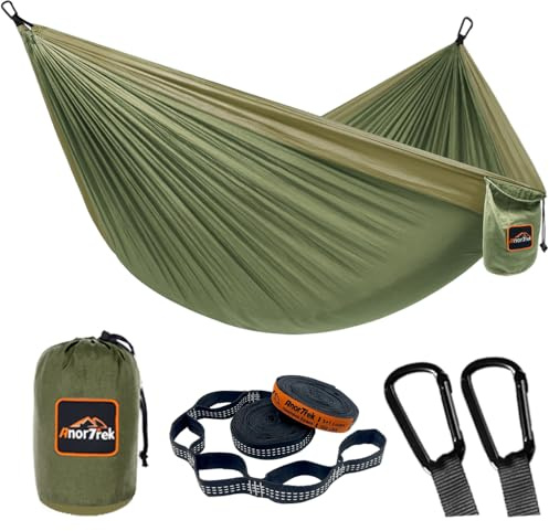 AnorTrek Camping Hammock, Super Lightweight Portable Parachute Hammock with Two Tree Straps Single or Double Nylon Travel Tree Hammocks for Camping Backpacking Hiking Army Green&khaki