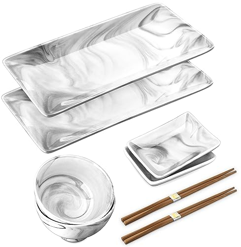 MALACASA, Serie Regular, 8-tlg. Marmor Porzellan Japanisch Sushi Service Geschirr Set für 2 Personen, Sushi Essservice mit 2x Sushi Teller, 2x 330ml Schüssel, 2 paar Essstäbchen, 2x Eckige Dipschalen