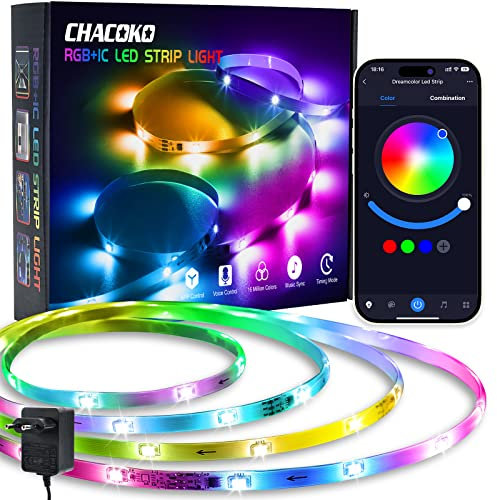 CHACOKO LED Strip RGB mit IC mit Regenbogeneffekt Wasserdicht IP65, 5M 24 LEDs/Meter LED Streifen mit 380 Lichteffekten, avec APP, Fernbedienung, Musikmodus, für den Innen- und Außenbereich