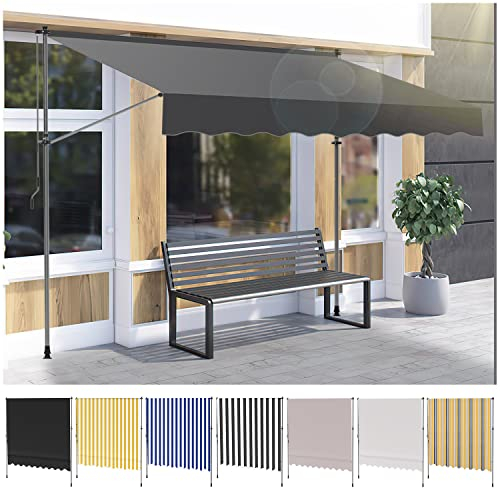 Ikodm Store Banne Manuel, Auvent Rétractable 350 x 120 x 200-300 cm Gris, Store de Balcon avec Manivelle, sans perçage, Réglable en Hauteur et en Inclinaison, Résistant aux UV