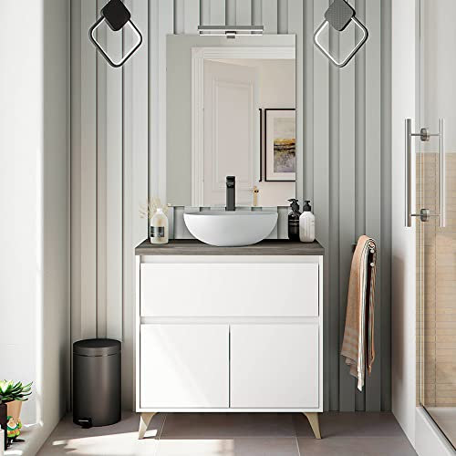 Mobile Bagno a Terra 80 cm Bianco con Top già Forato in Legno, lavabo a bacinella e Specchio Reversibile 60x80, Serie Lucy