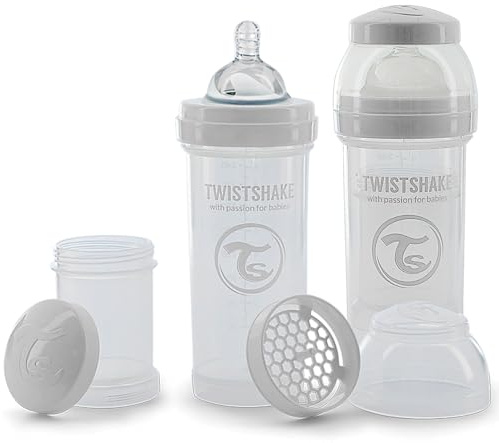 Twistshake 2-pack Anti-kolik Nappflaskor med Pulverbehållare och Mixernät - 260ml | Dinapp i silikon med långsamt flöde | BPA-fri Nappflaska | 2+ månader | Vit