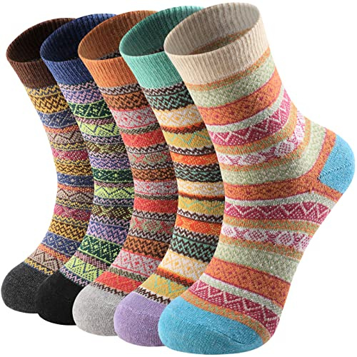 BooQool Socks - 5 Pairs Socks Women, Breathable Thermal Socks for Women, Thick women Socks for Home Office School Hiking, Ideal Christmas Gifts, Colourful