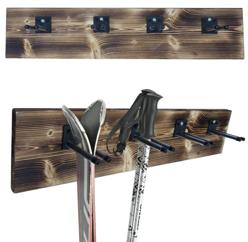 QLS Skihalterung N2 Wand Skihalter hölzerne Hakenleiste für 4 Paare Nordic Walking Trekking Stöcke Skiträger