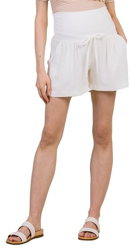 Womens Over The Belly Linen Drawstring Maternity Shorts with Pockets, Medium, Ivory