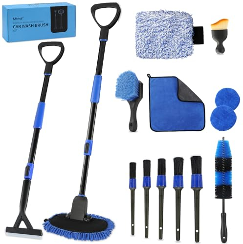 Mionyl Autowaschbürsten-Mopp-Set mit langem Griff und Rakel, Auto-Detaillierungs-Set, Innenreiniger-Set – Schwamm, Felgenbürsten, Mikrofaser-Handtuch für Auto, Wohnmobil, LKW, Fahrzeug, Boot, Wand