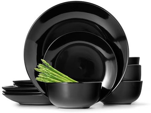 Lefonte Dinnerware Sets, Fine Porcelain Dinnerware Sets, Plates and Bowls Sets, Dishes, 12-Piece Service for 4, Black