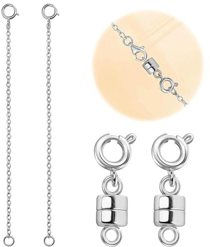 Cierre magnético de 4 piezas y cadena de extensión, plata de ley 925 Cierre magnético para la mayoría de cierres de joyas, adecuado para collares, pulseras y tobilleras